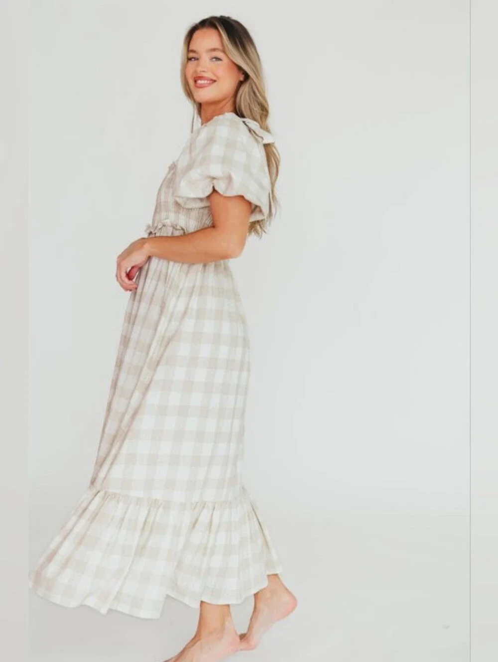 Smocked Square Neck Midi Dress in Beige Plaid - Picture 2 of 4